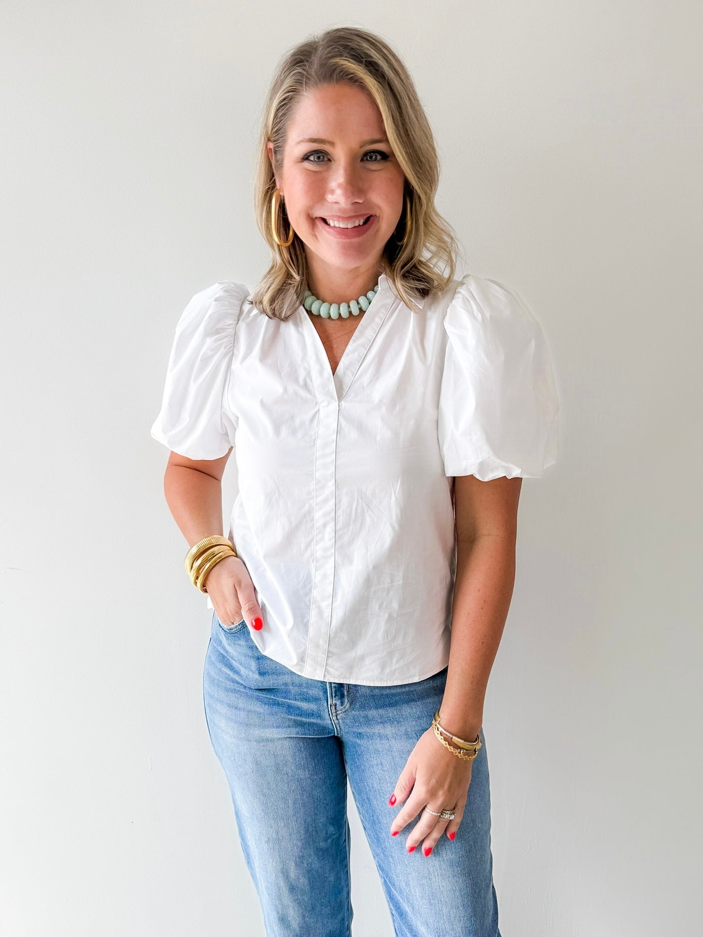 Bubble Sleeve Top - White