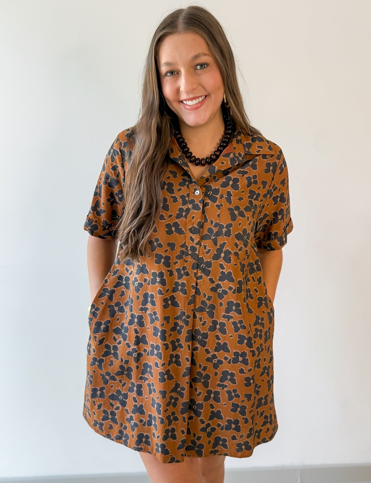 Butterfly Print Shirt Dress - Brown