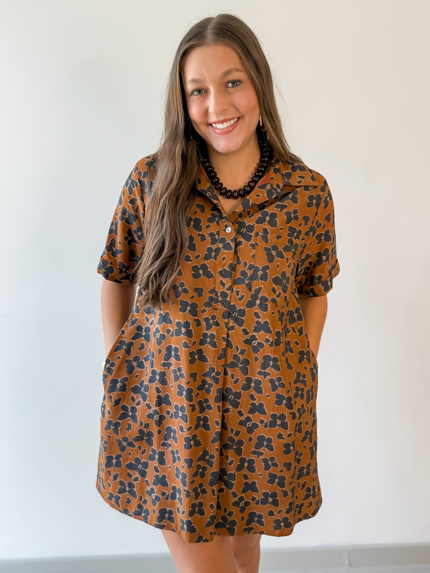 Butterfly Print Shirt Dress - Brown