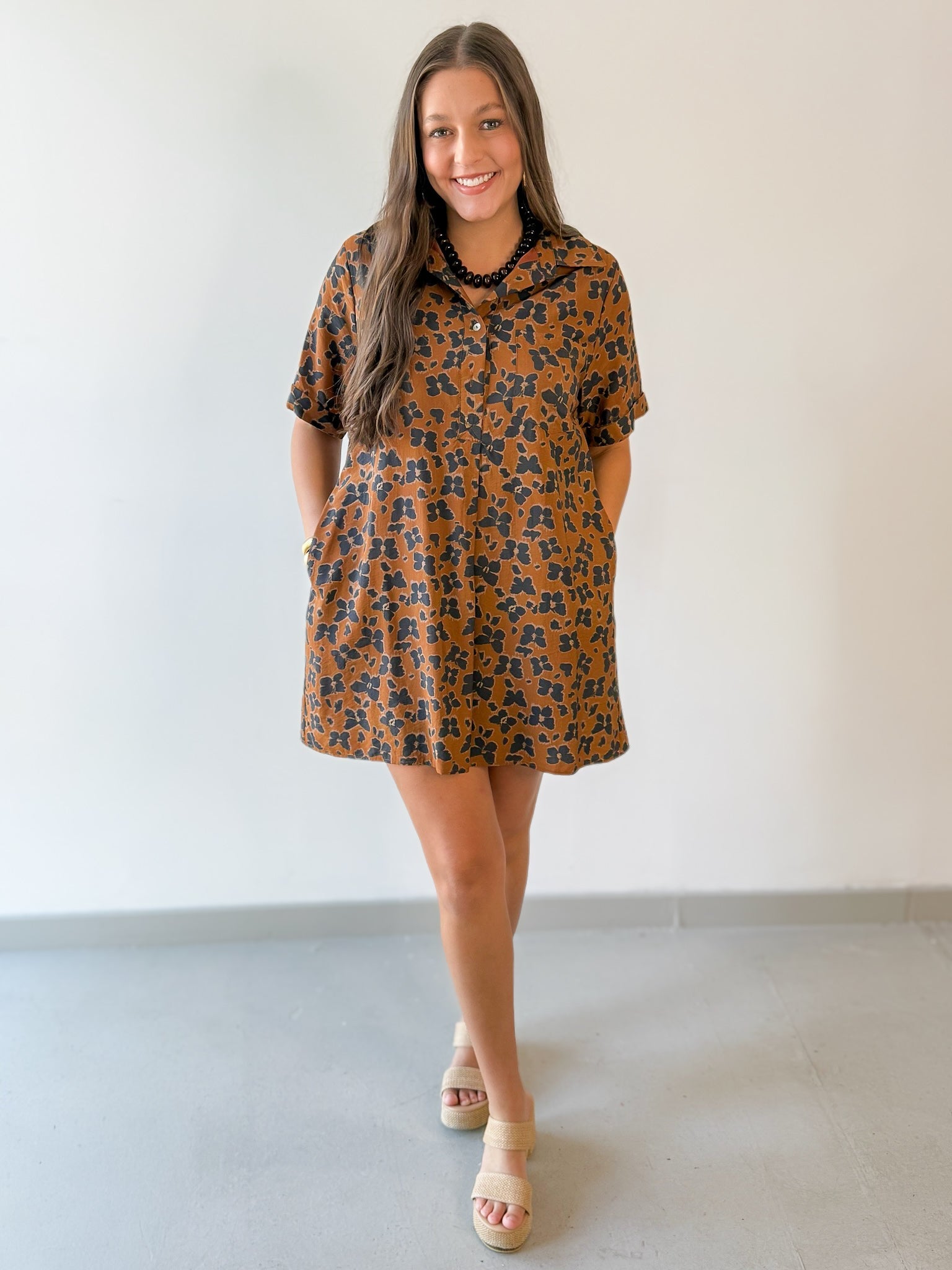 Butterfly Print Shirt Dress - Brown