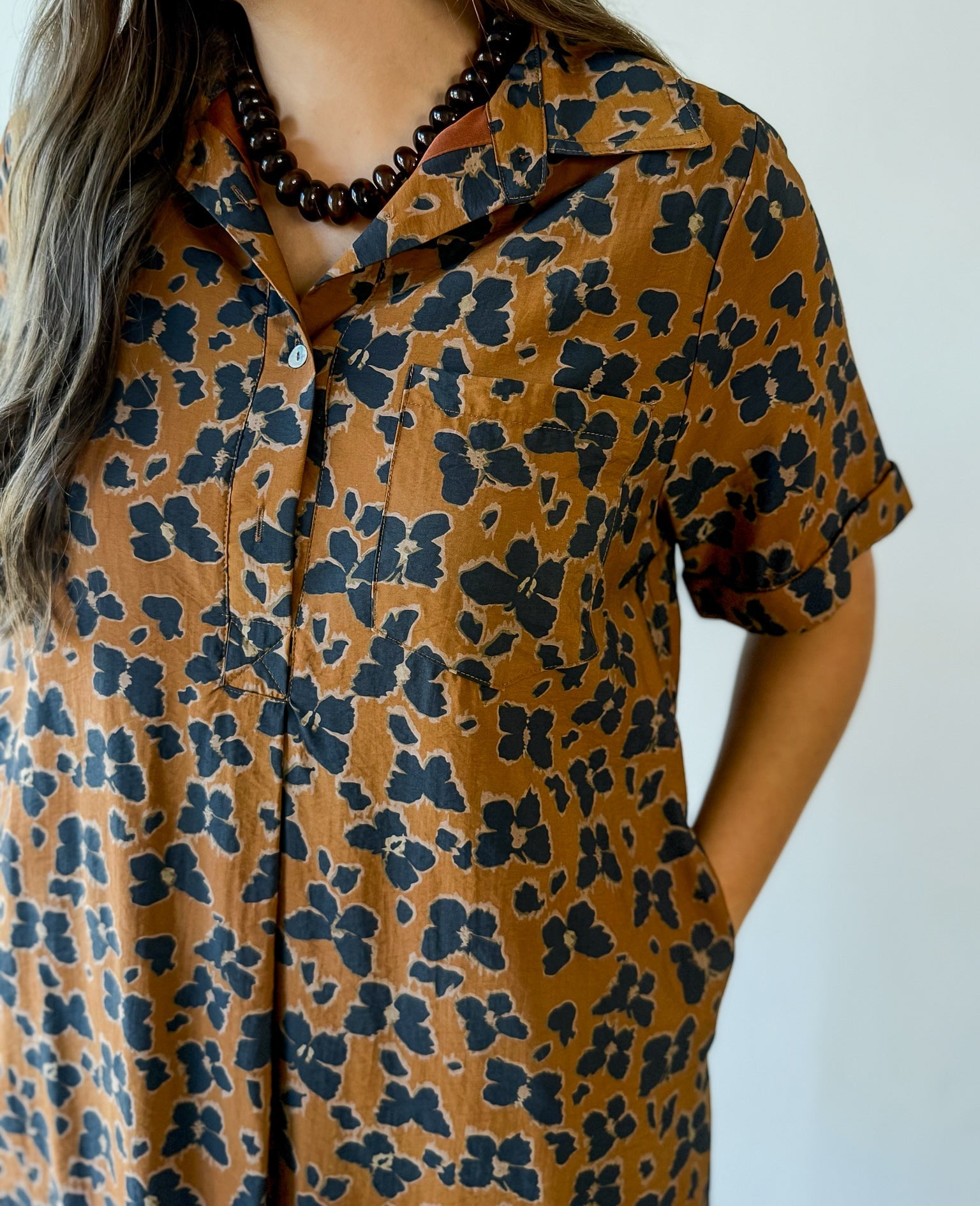 Butterfly Print Shirt Dress - Brown