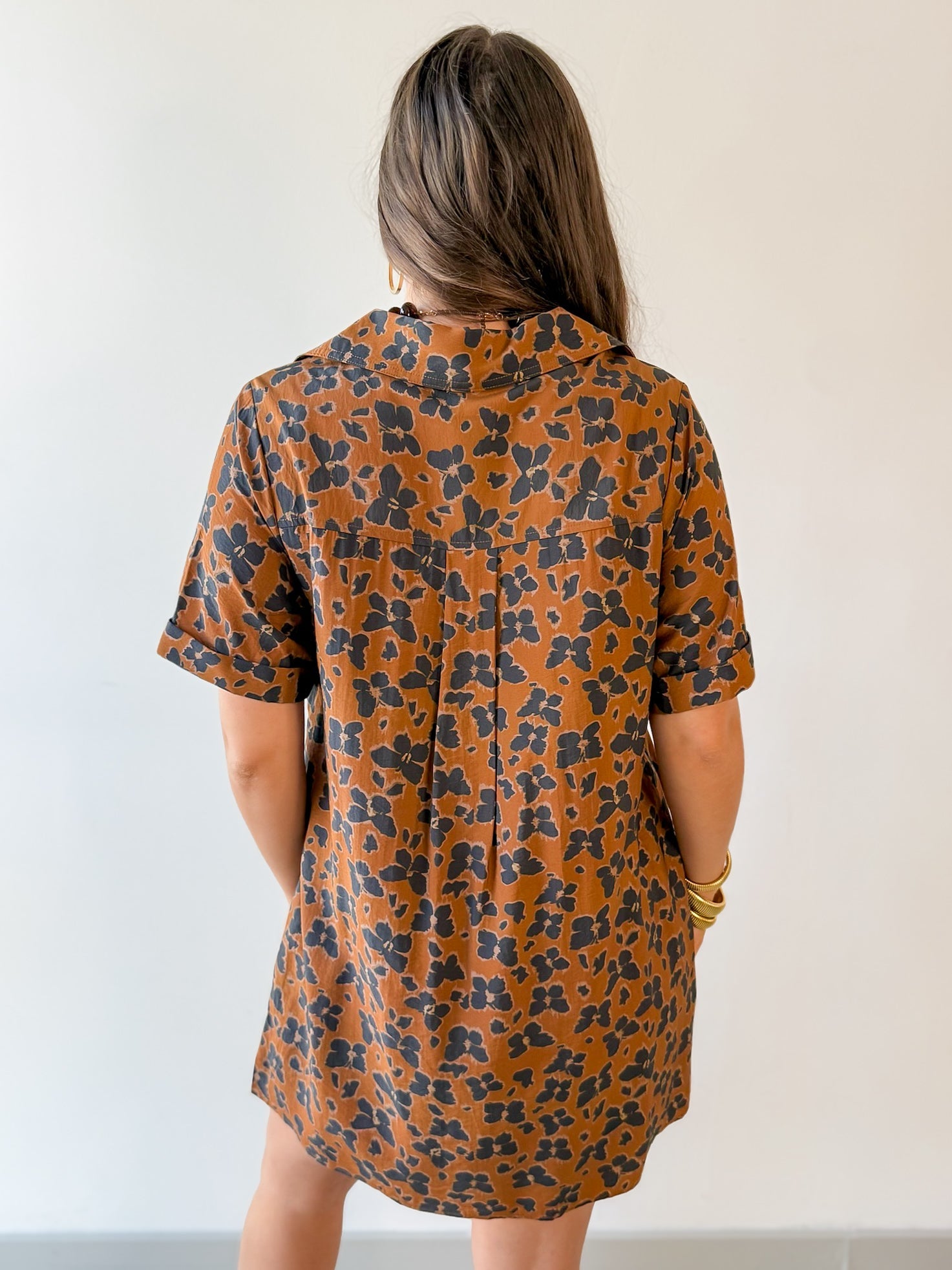 Butterfly Print Shirt Dress - Brown
