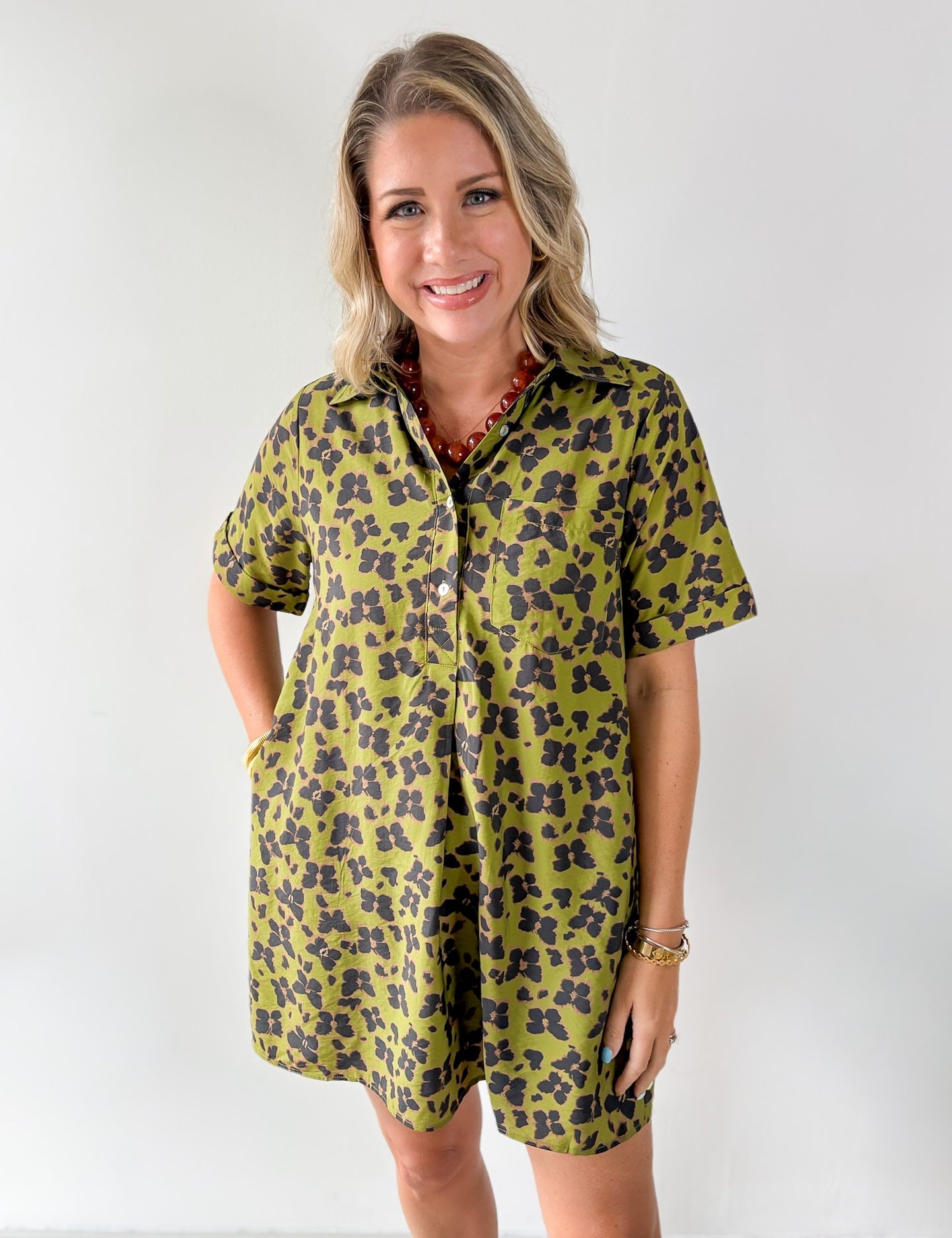 Butterfly Print Shirt Dress - Olive
