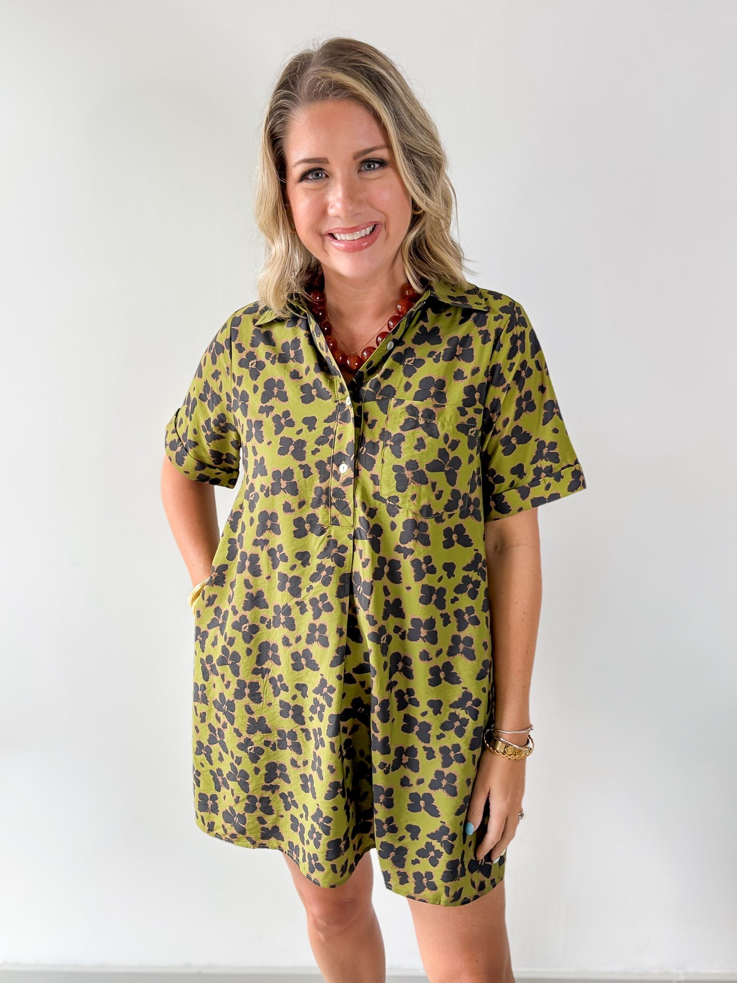 Butterfly Print Shirt Dress - Olive