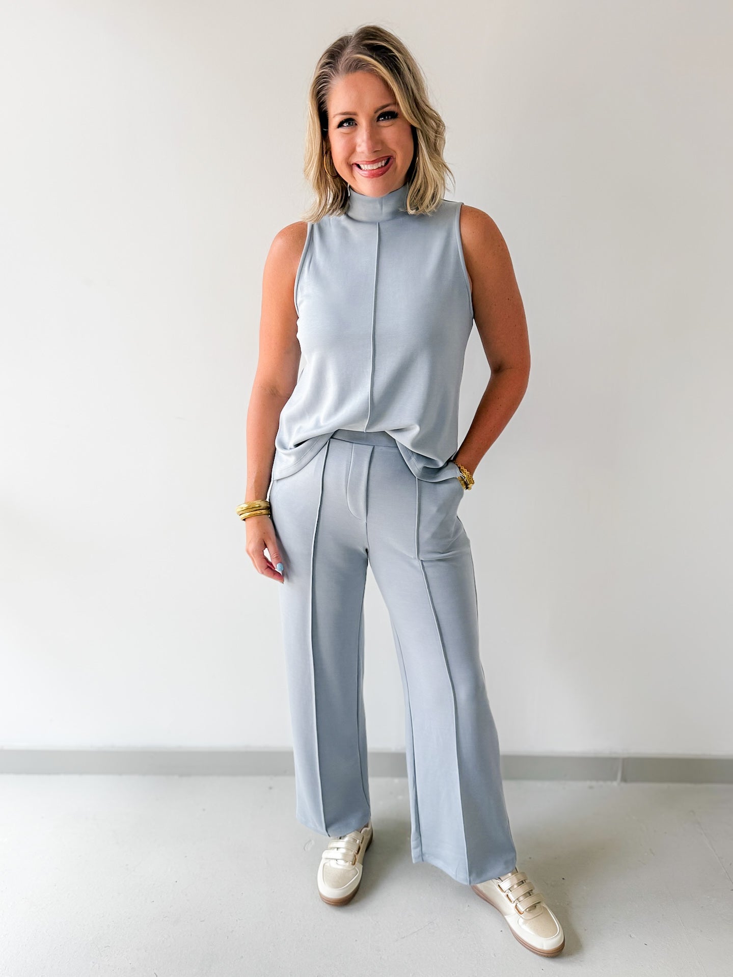 Buttery Soft Pintuck Top & Pant Set - Blue Grey