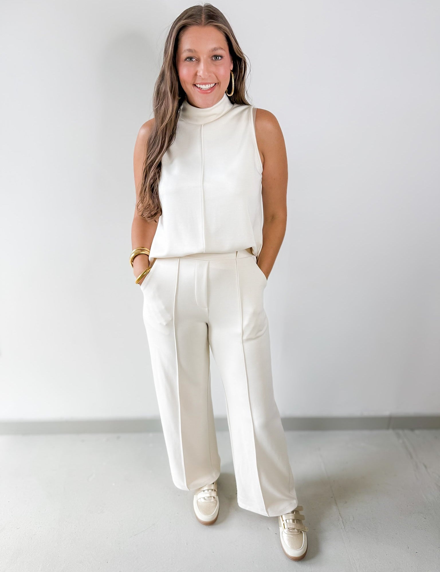 Buttery Soft Pintuck Top & Pant Set Ecru