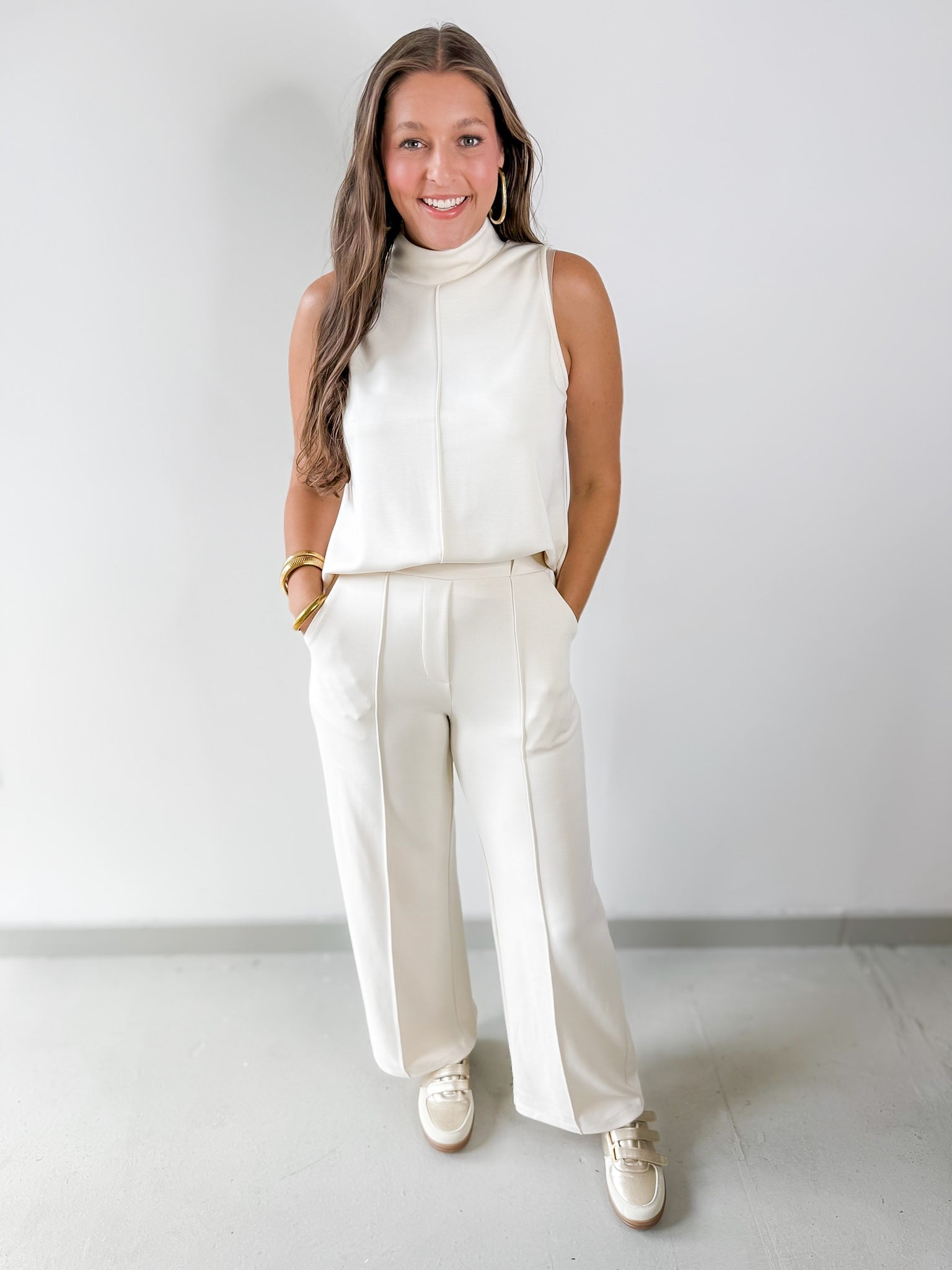 Buttery Soft Pintuck Top & Pant Set Ecru