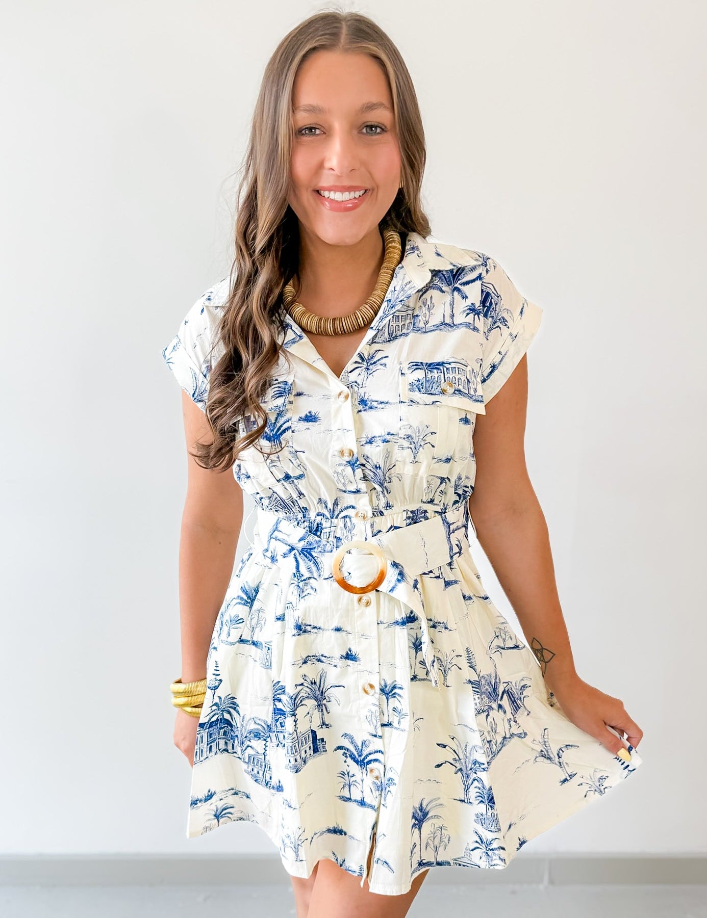 Button Down Belted Dress- Ivory/Navy