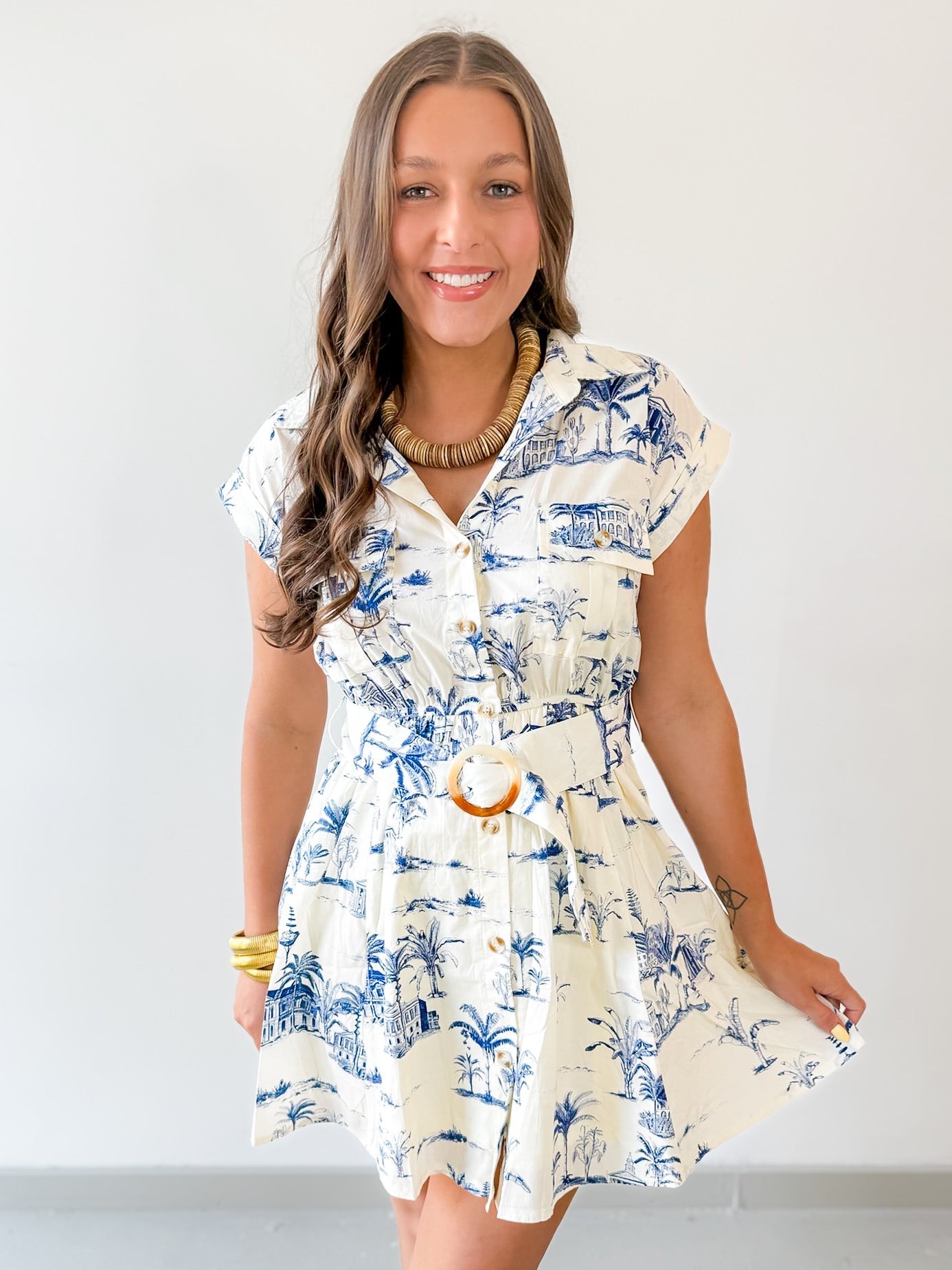 Button Down Belted Dress- Ivory/Navy