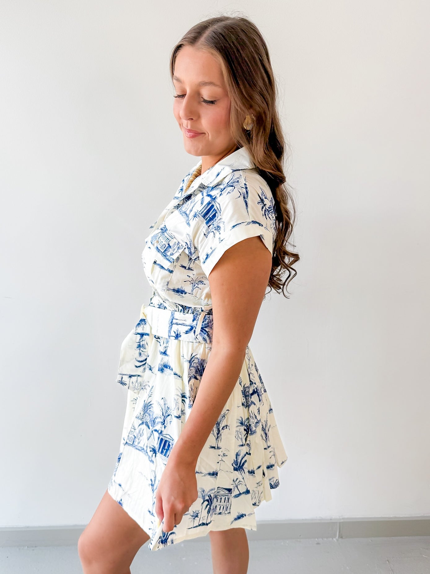 Button Down Belted Dress- Ivory/Navy