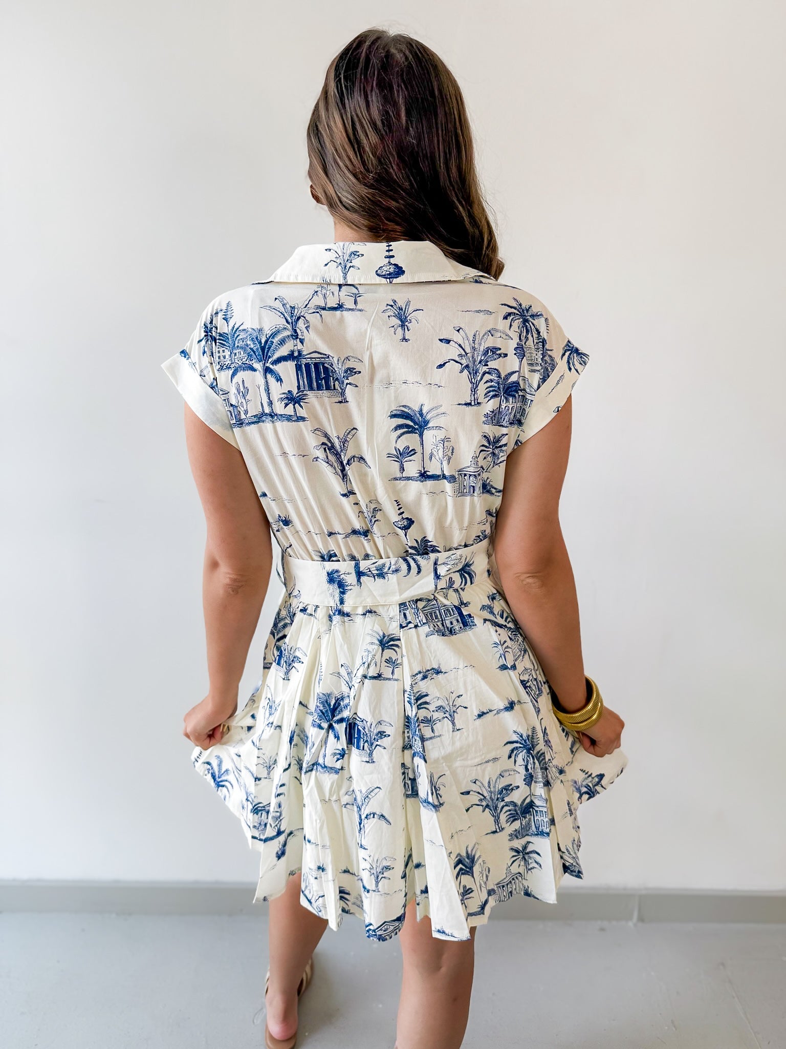 Button Down Belted Dress- Ivory/Navy