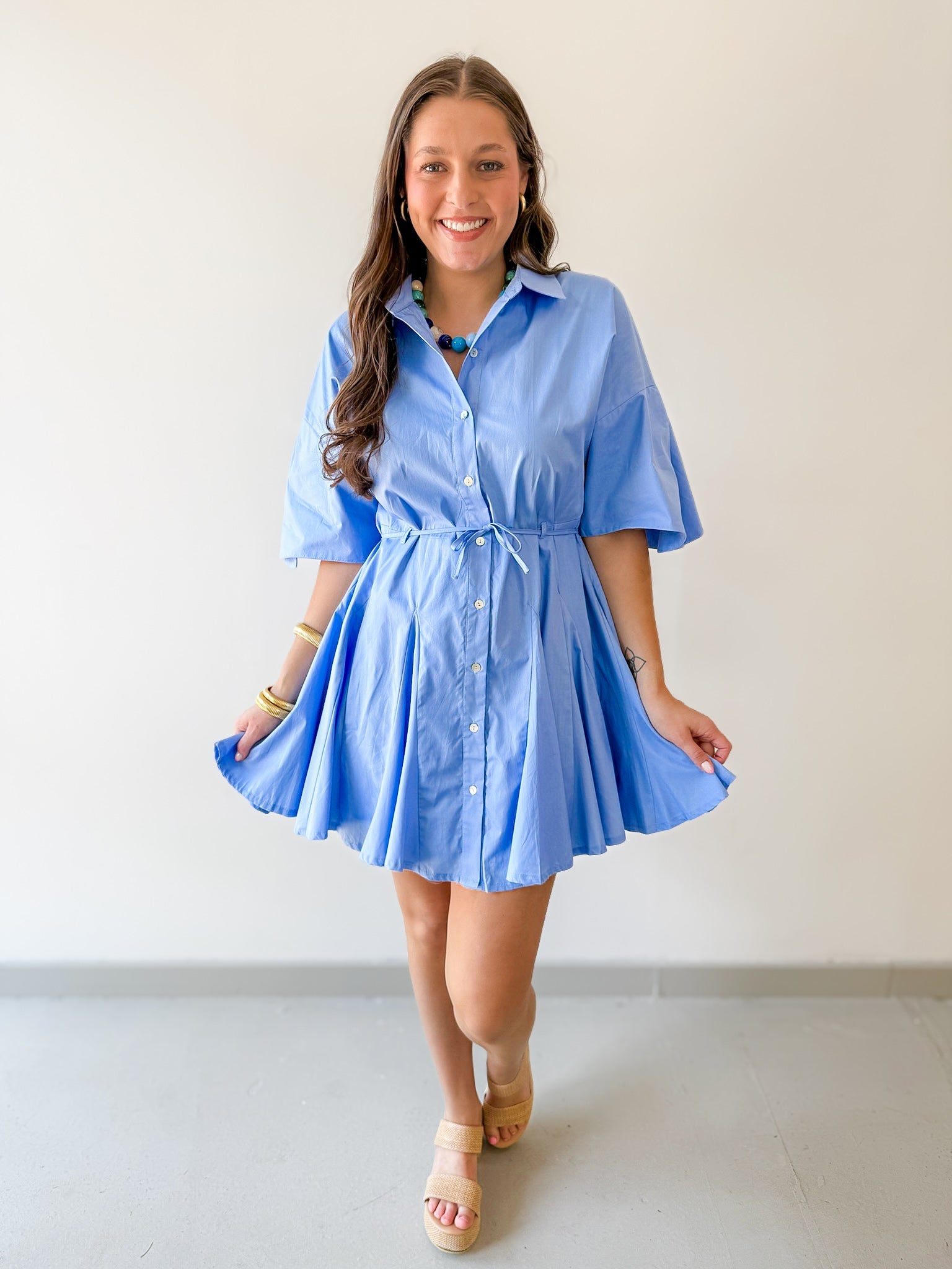 Button Down Pleated Mini Dress