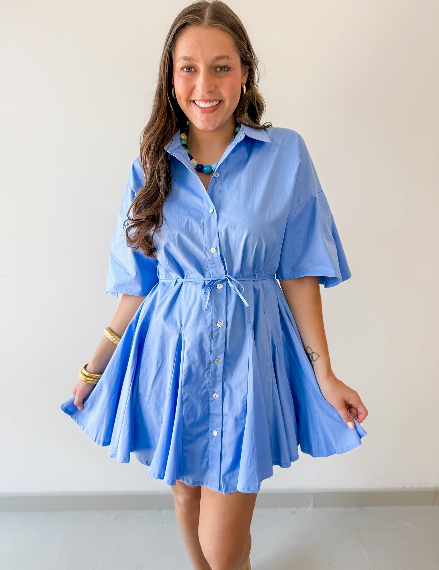 Button Down Pleated Mini Dress