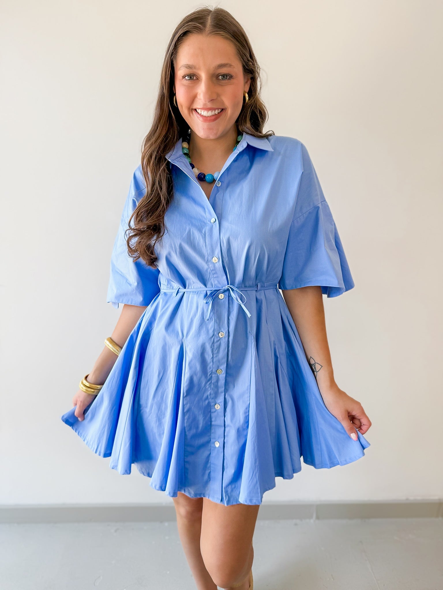 Button Down Pleated Mini Dress