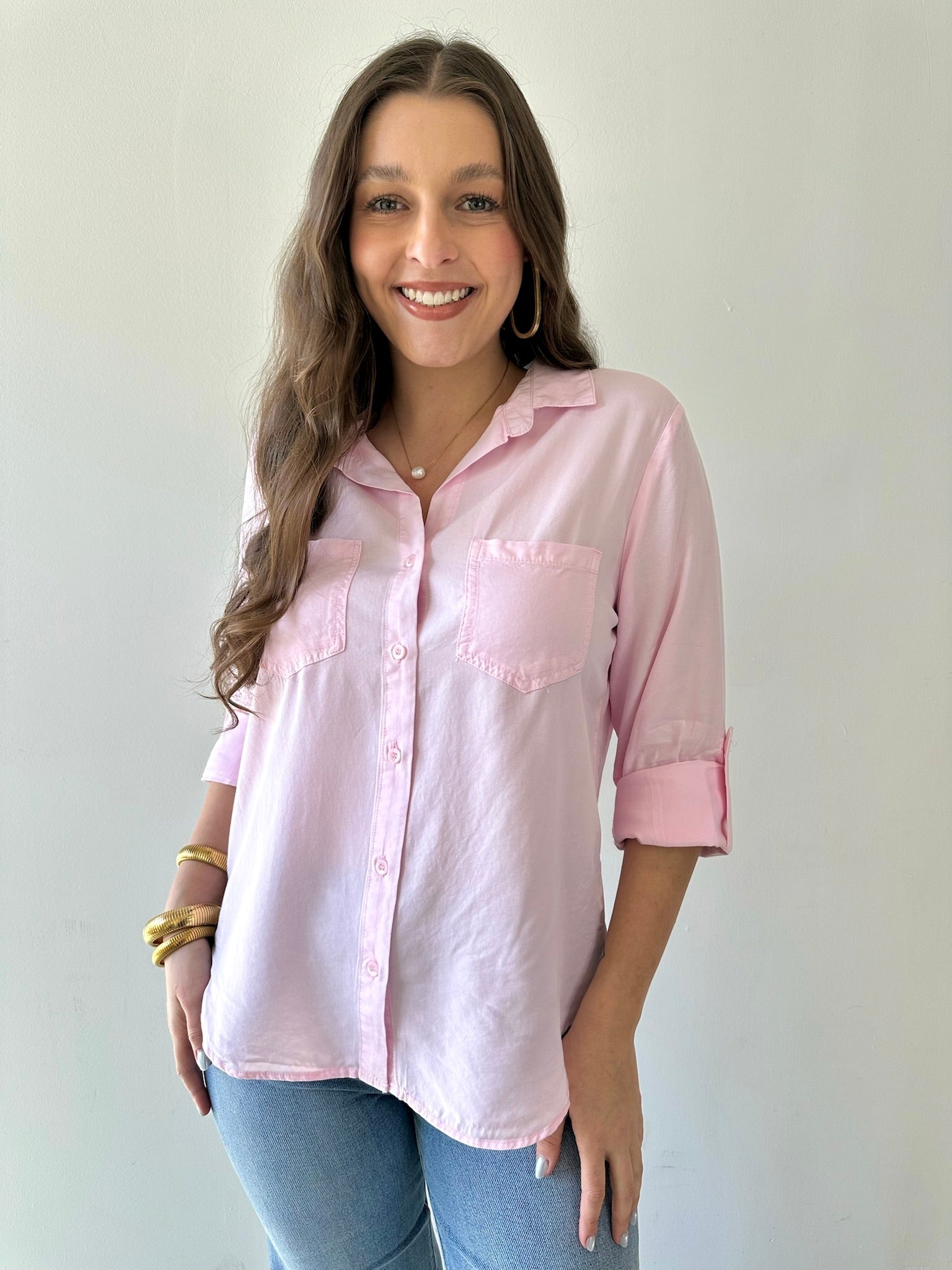 Button Down Tab Sleeve Top