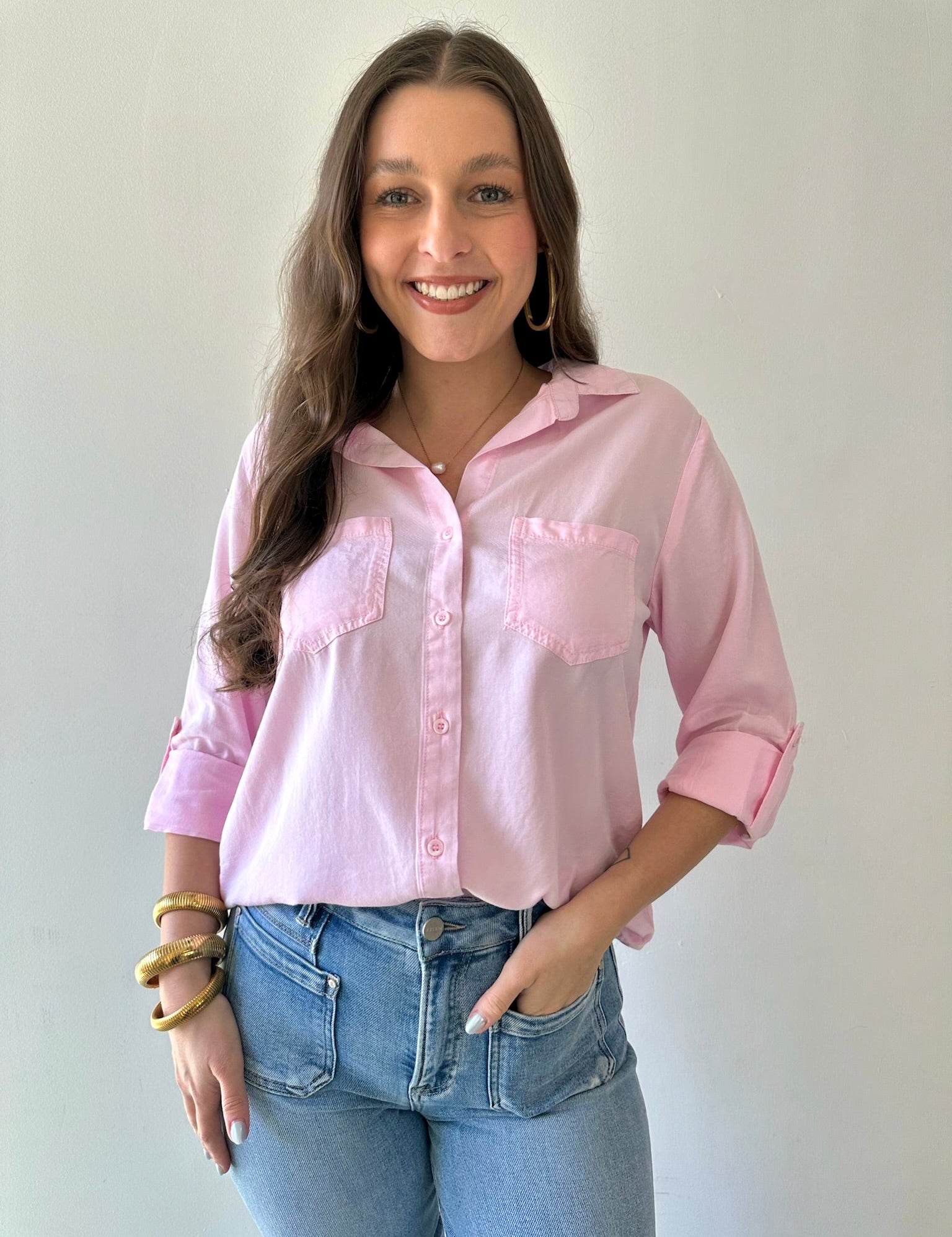 Button Down Tab Sleeve Top