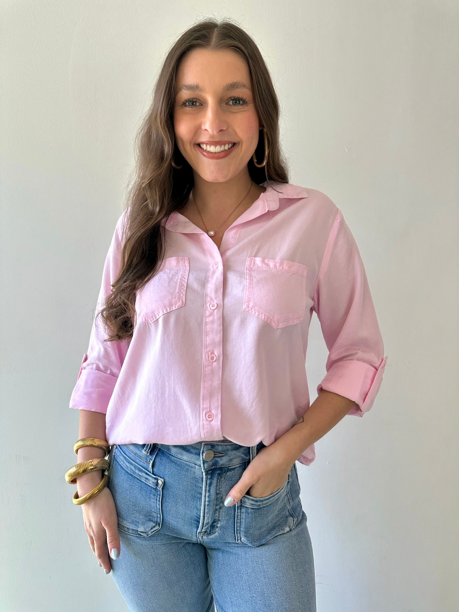 Button Down Tab Sleeve Top