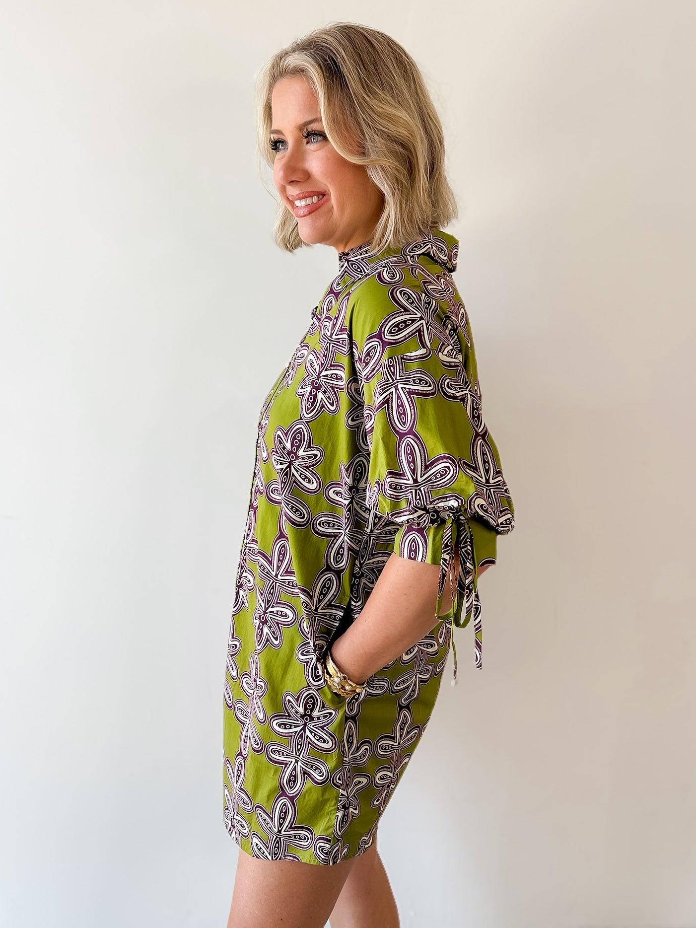 Button Down Tie Sleeve Dress- Olive