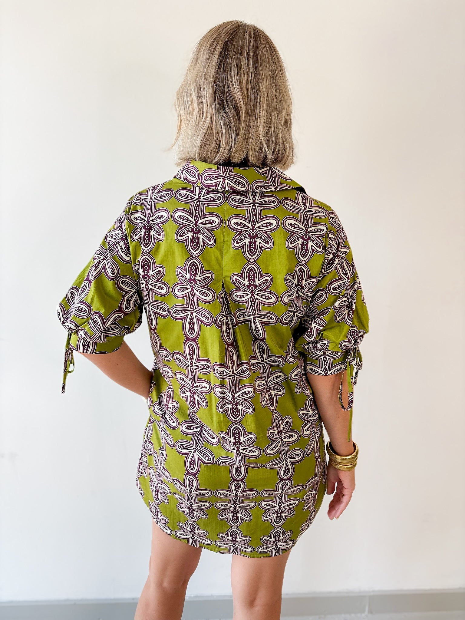 Button Down Tie Sleeve Dress- Olive