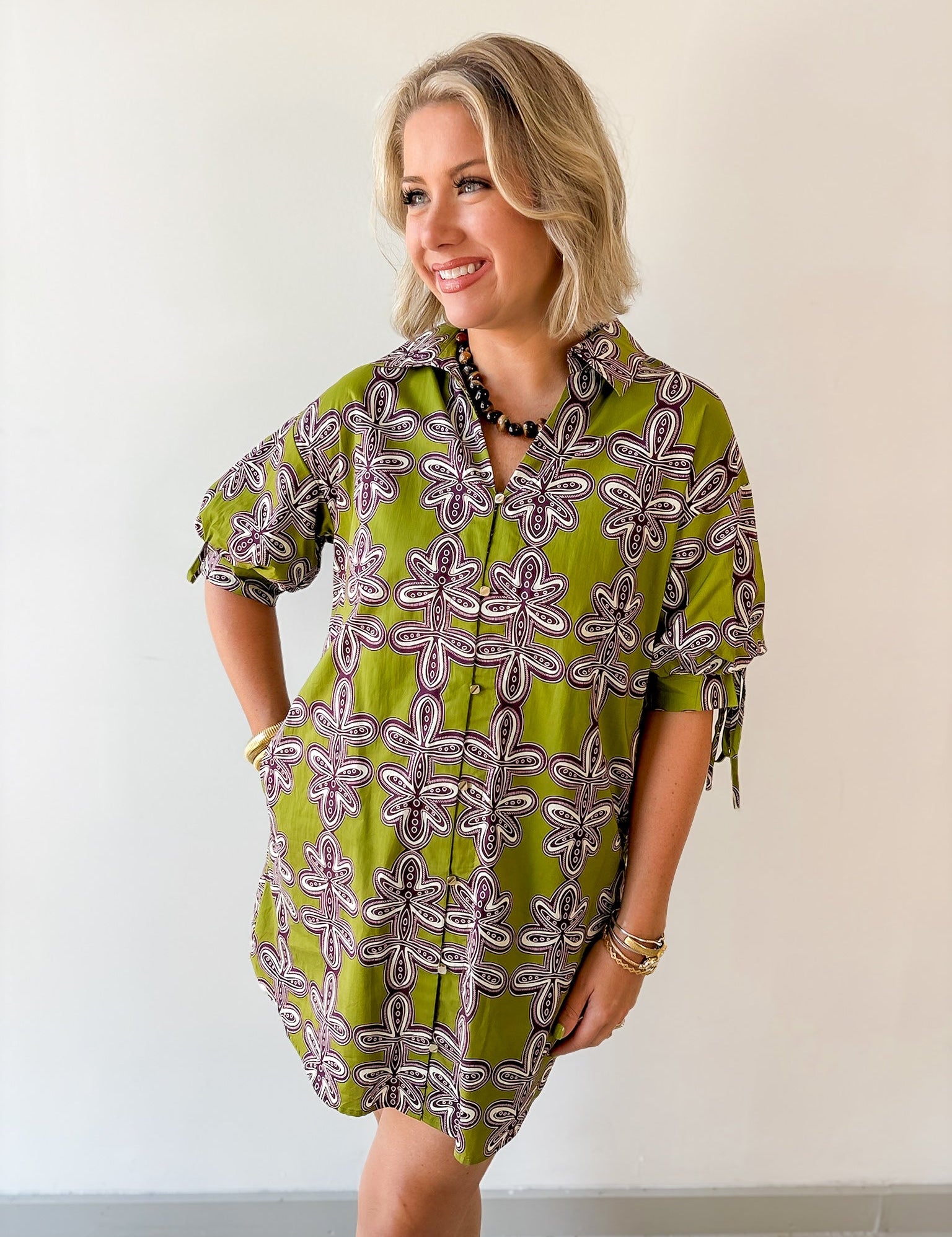 Button Down Tie Sleeve Dress- Olive