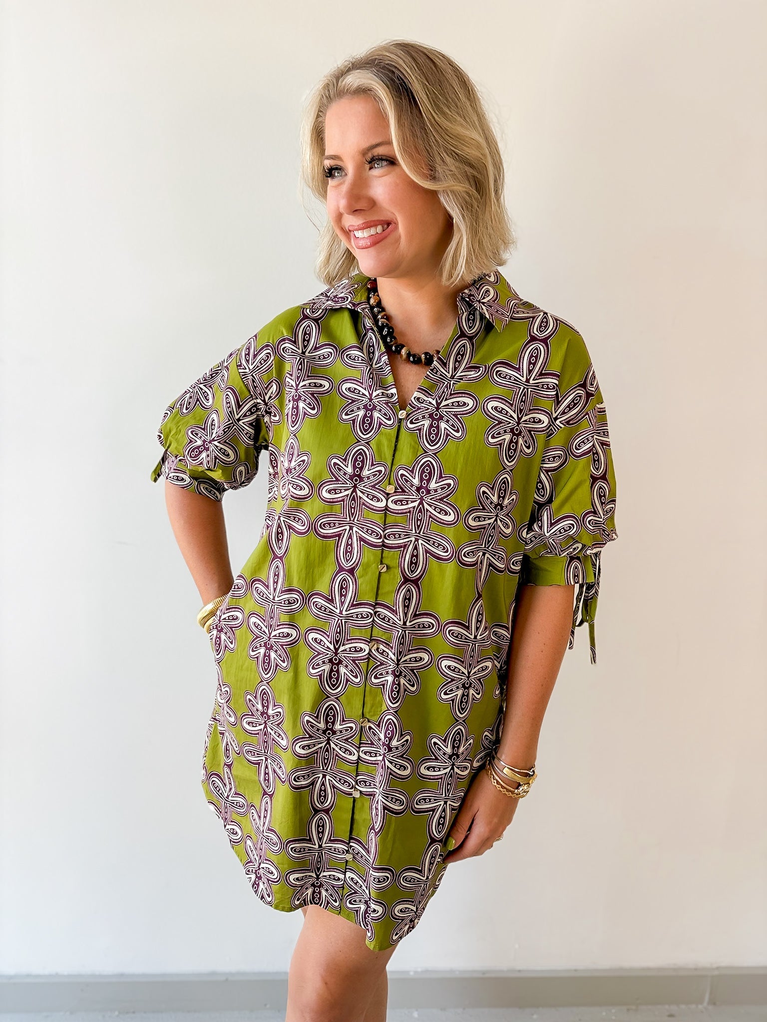 Button Down Tie Sleeve Dress- Olive