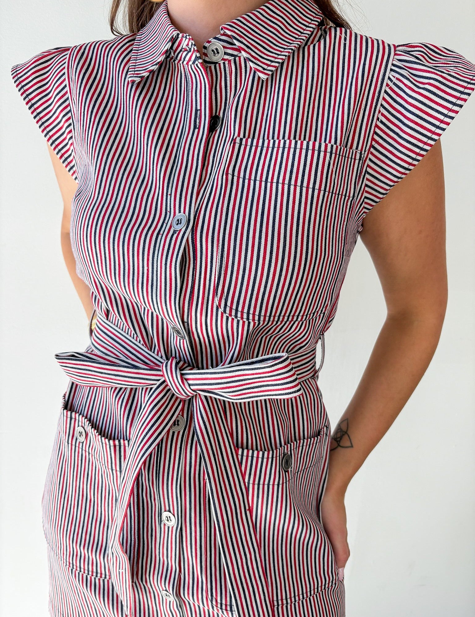 Button Dress with Accent Sash