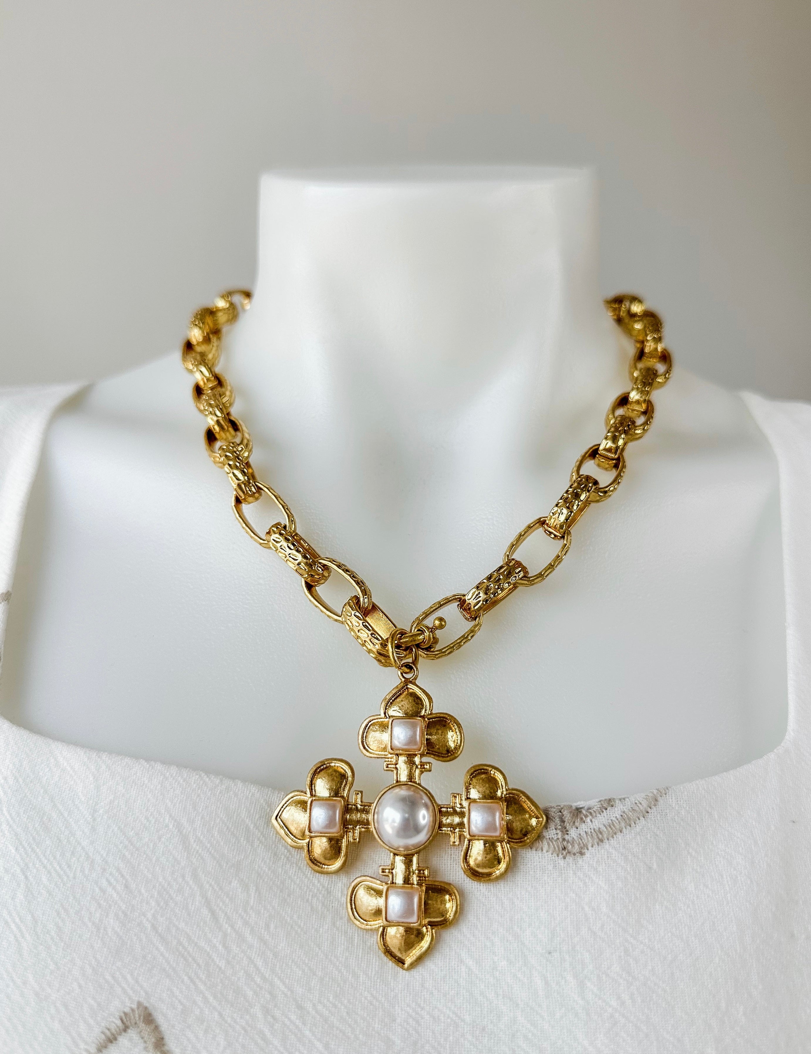 Byzantine Pearl Cross Necklace
