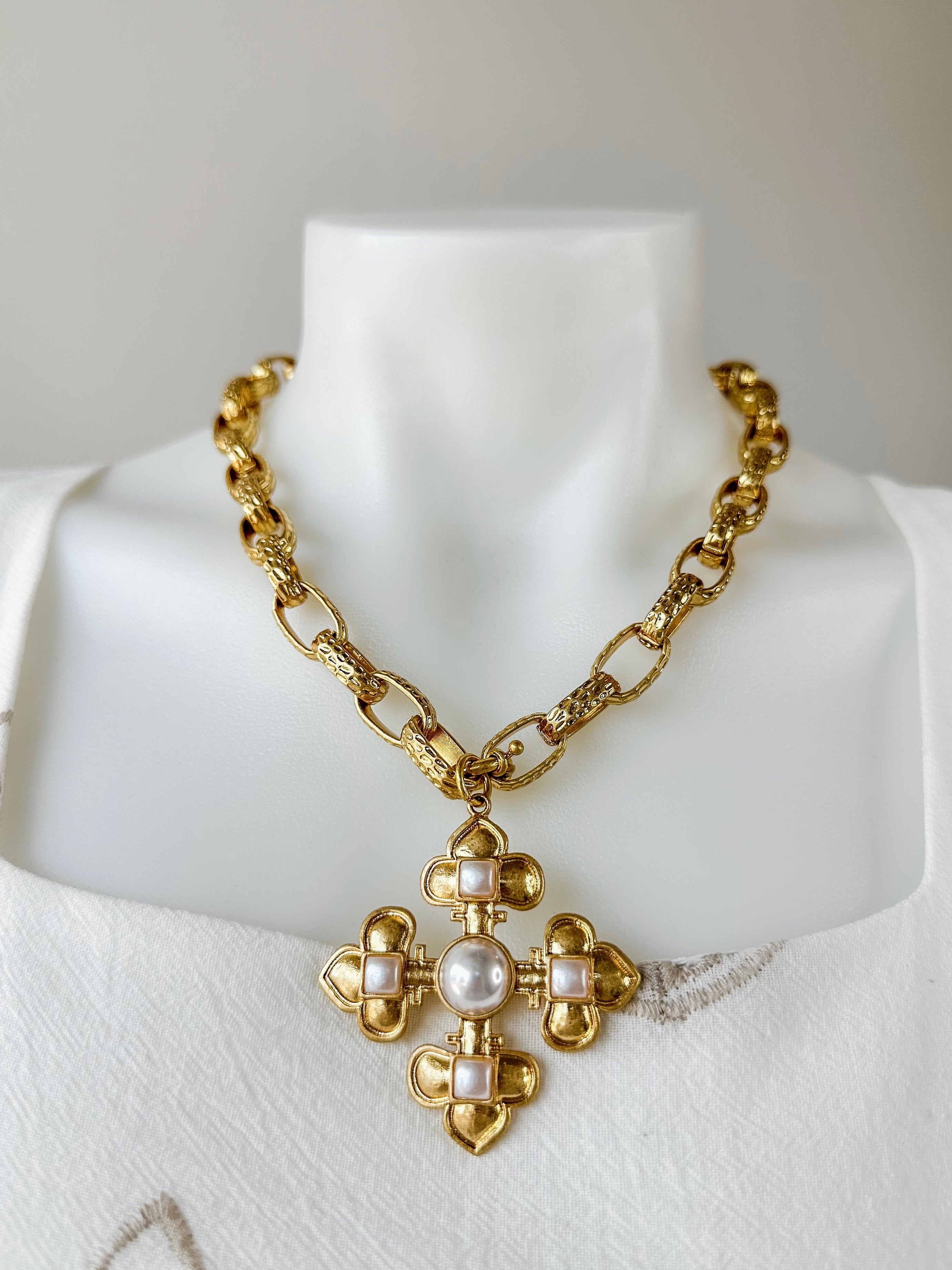 Byzantine Pearl Cross Necklace