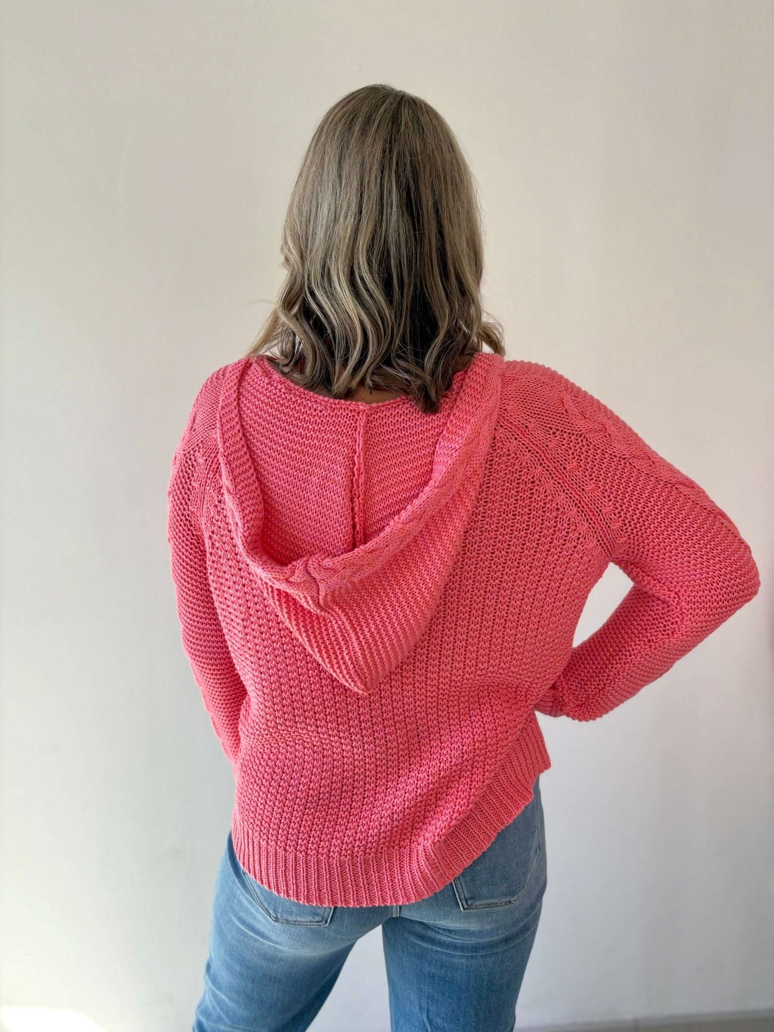Cable Knit Hoodie Sweater Raspberry