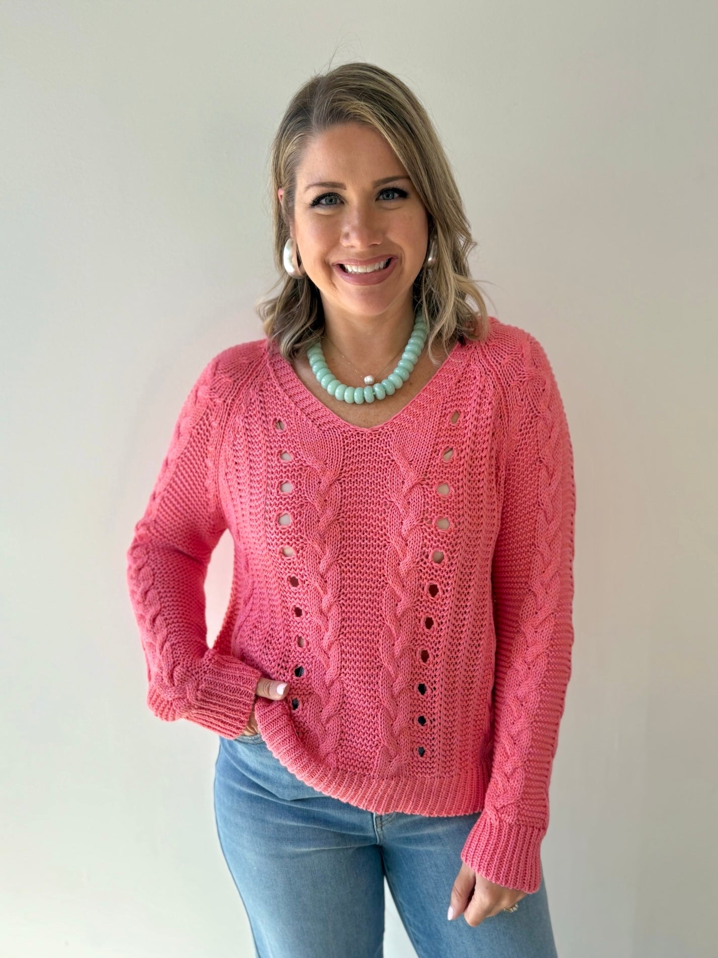 Cable Knit Hoodie Sweater Raspberry