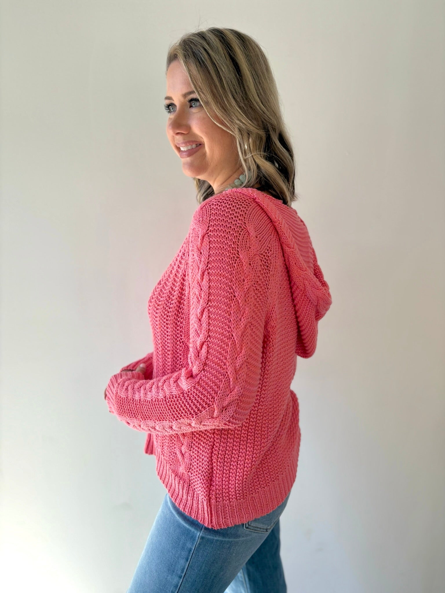 Cable Knit Hoodie Sweater Raspberry