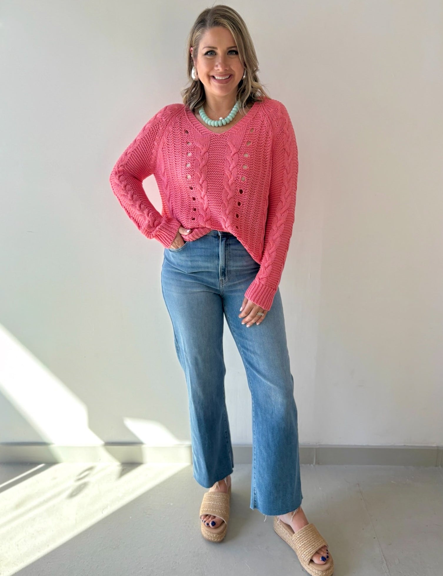 Cable Knit Hoodie Sweater Raspberry