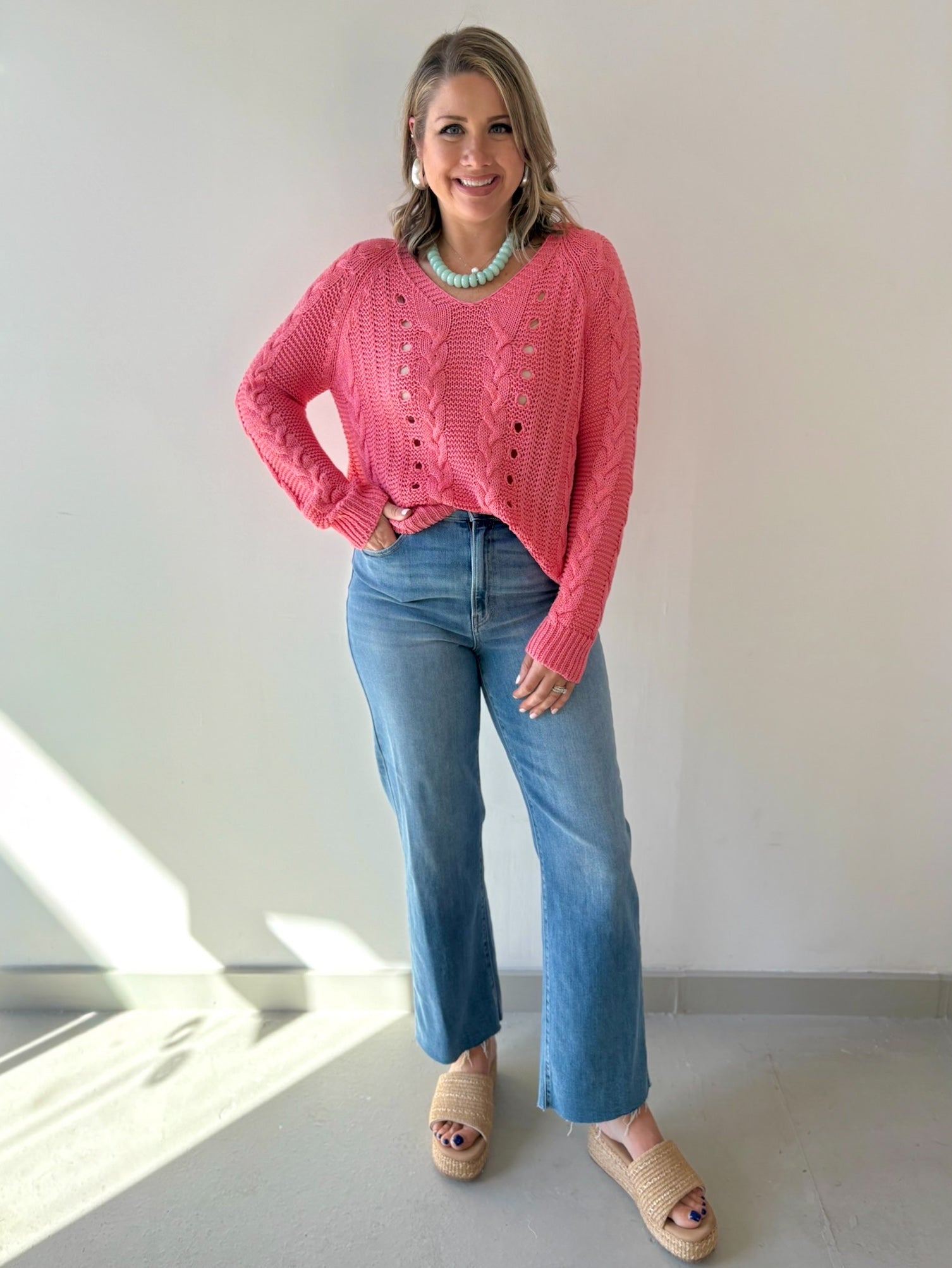 Cable Knit Hoodie Sweater Raspberry