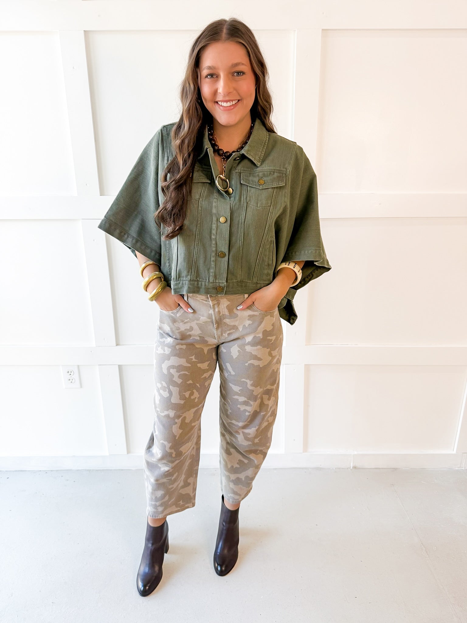 Camo Cropped Barrel Jean - Tan