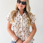 Cap Sleeve Polka Dot Top - Ecru