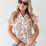 Cap Sleeve Polka Dot Top - Ecru