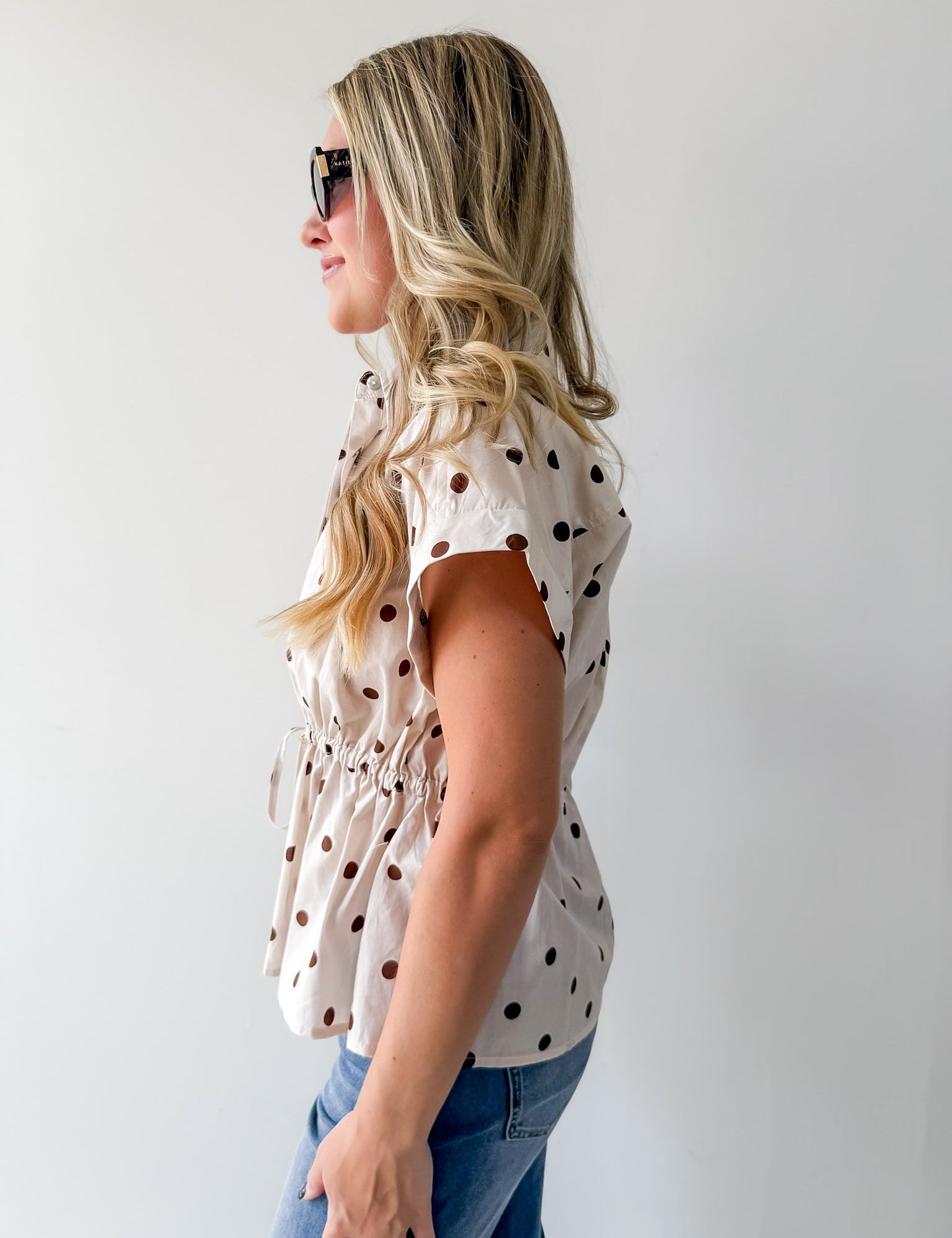 Cap Sleeve Polka Dot Top - Ecru