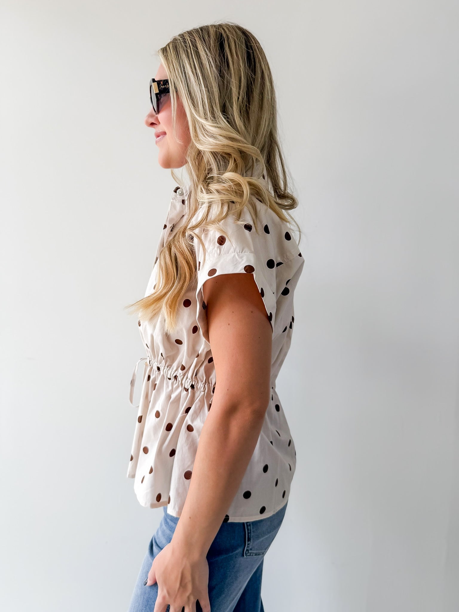 Cap Sleeve Polka Dot Top - Ecru