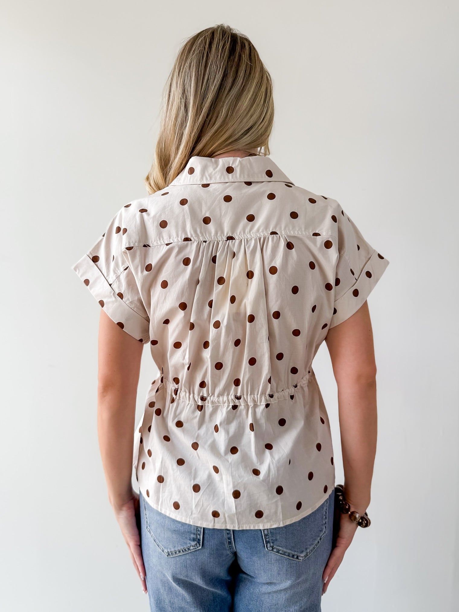 Cap Sleeve Polka Dot Top - Ecru