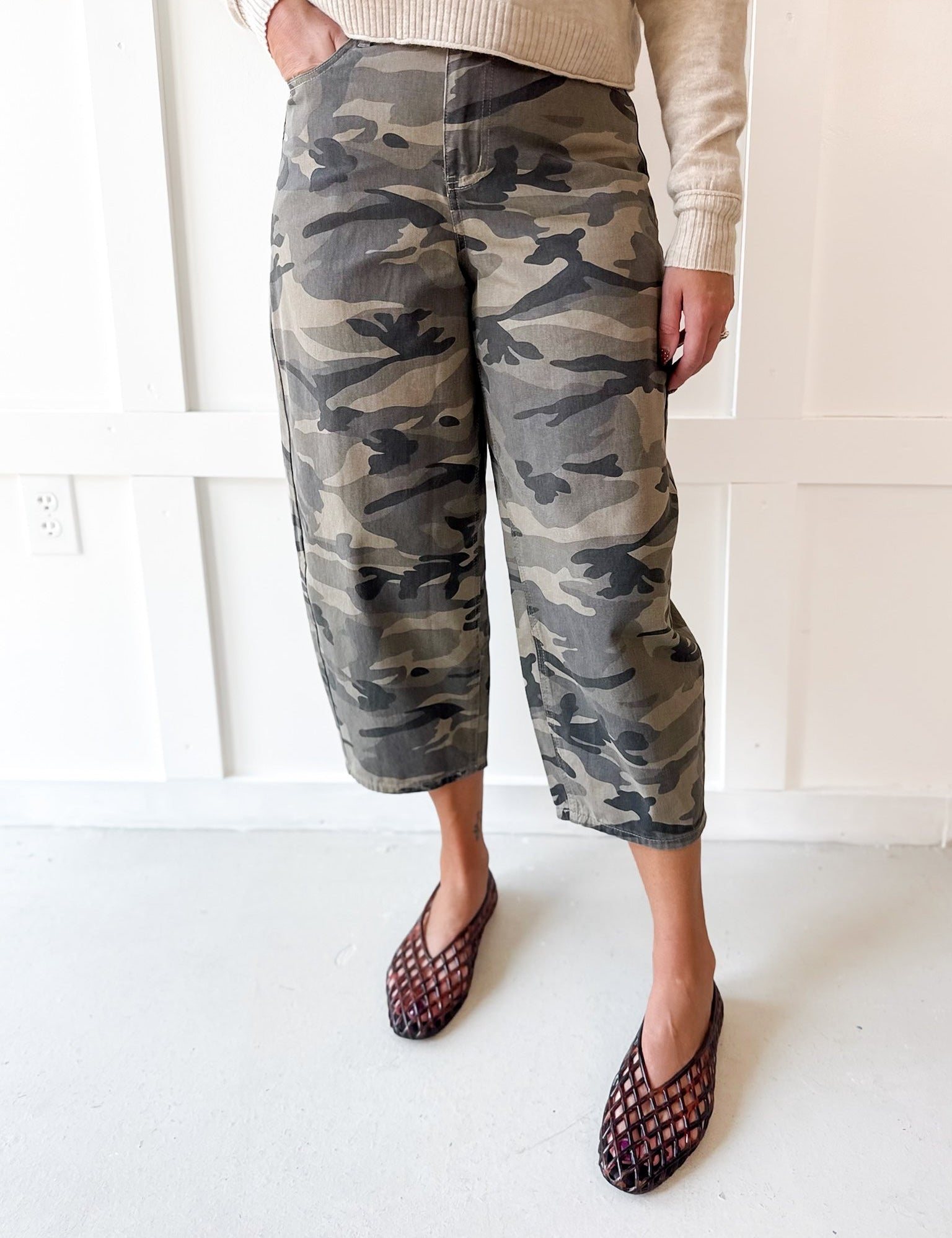 Cargo Print Barrel Jeans- Olive