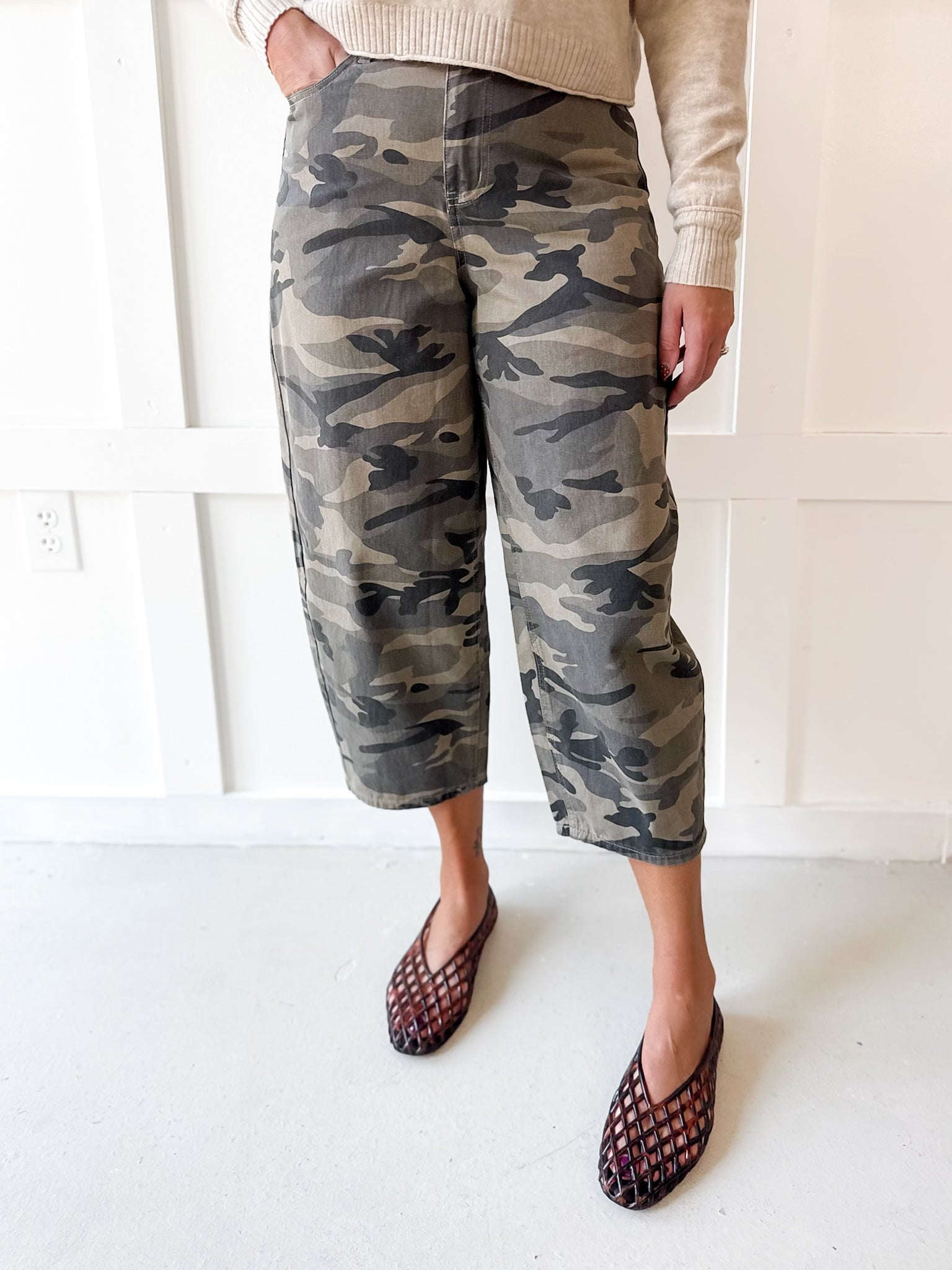 Cargo Print Barrel Jeans- Olive