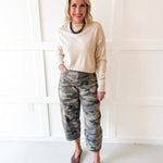 Cargo Print Barrel Jeans- Olive