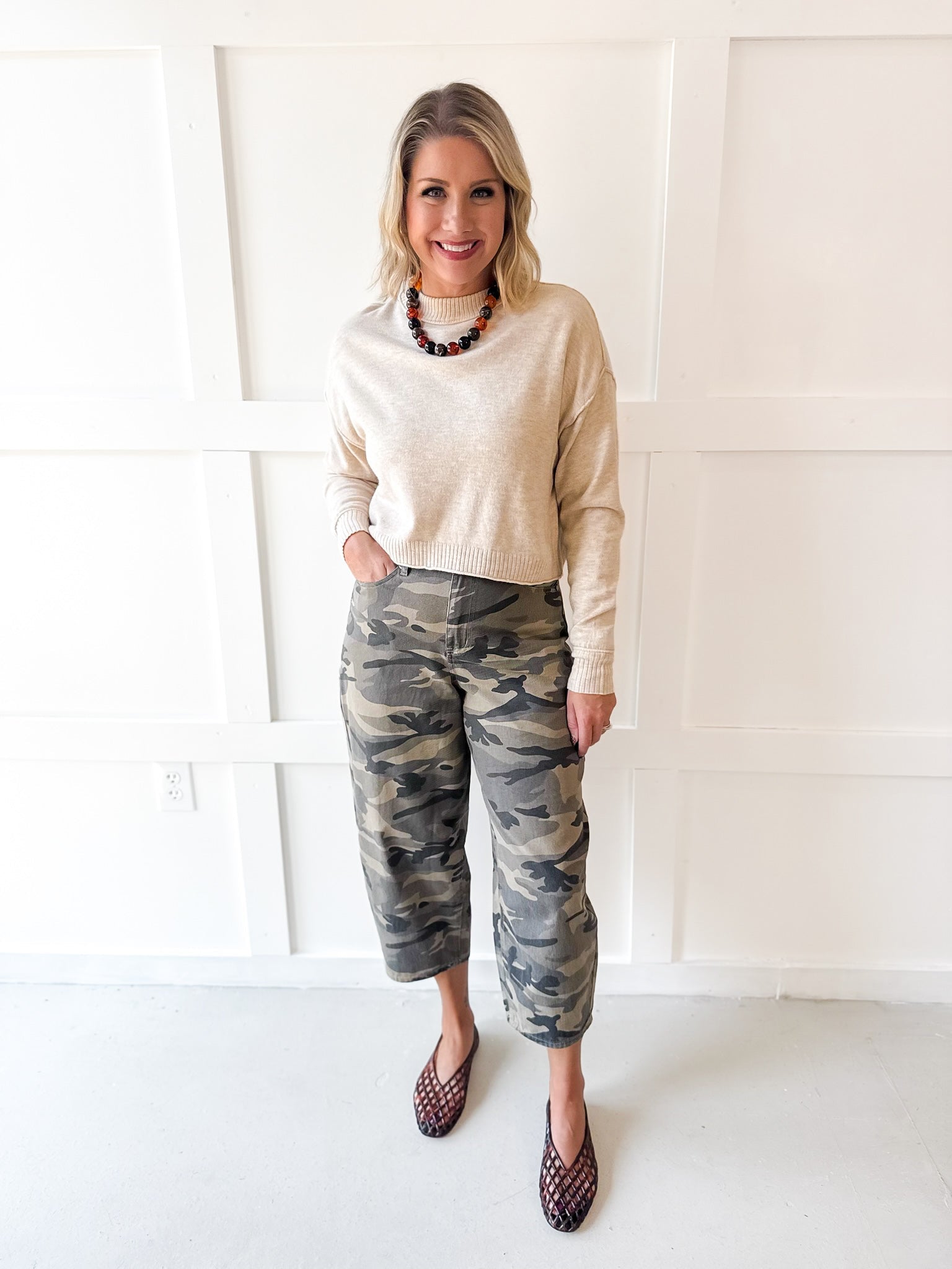 Cargo Print Barrel Jeans- Olive