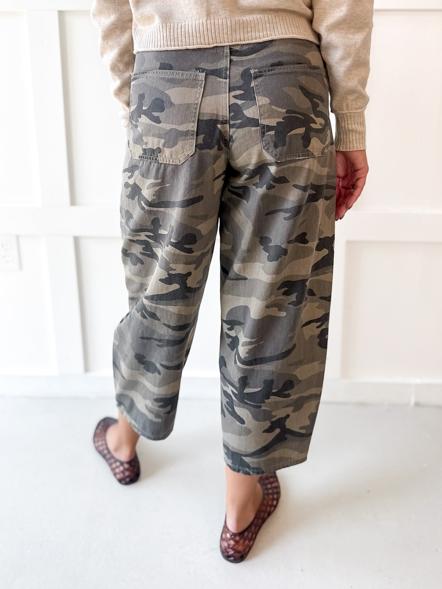 Cargo Print Barrel Jeans- Olive