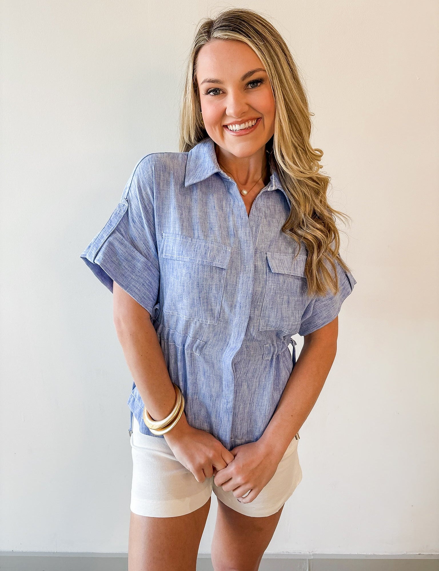 Chambray Cinched Waist Top