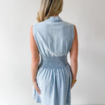 Chambray Smocked Zip Mini Dress