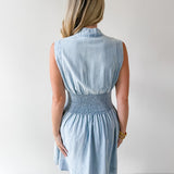 Chambray Smocked Zip Mini Dress