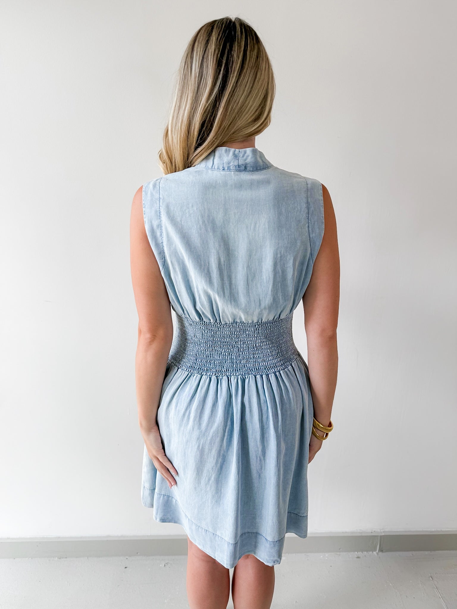 Chambray Smocked Zip Mini Dress