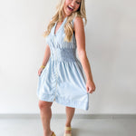 Chambray Smocked Zip Mini Dress