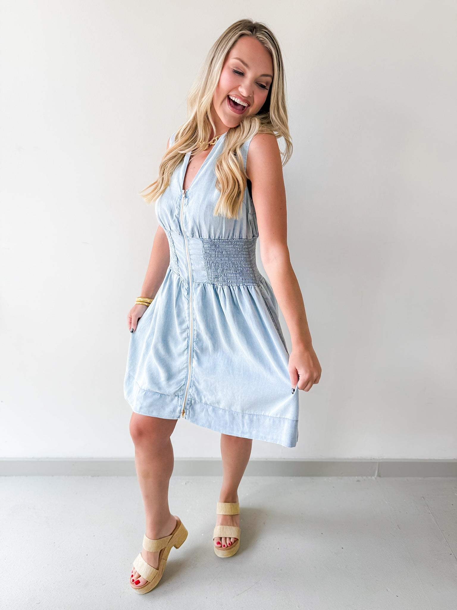 Chambray Smocked Zip Mini Dress